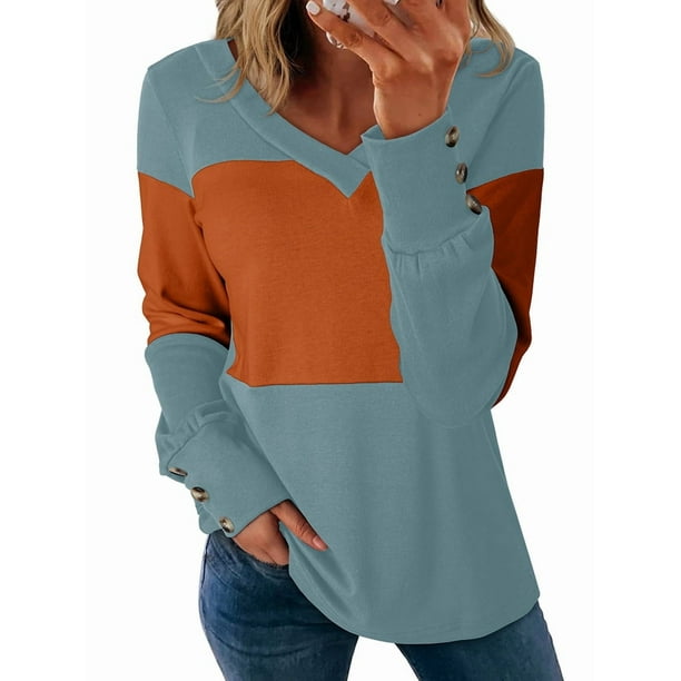 Blusas Elegantes e Informales para Mujer, con Bloques de Color, de Larga y Cuello en V, para Otoño. Azul L