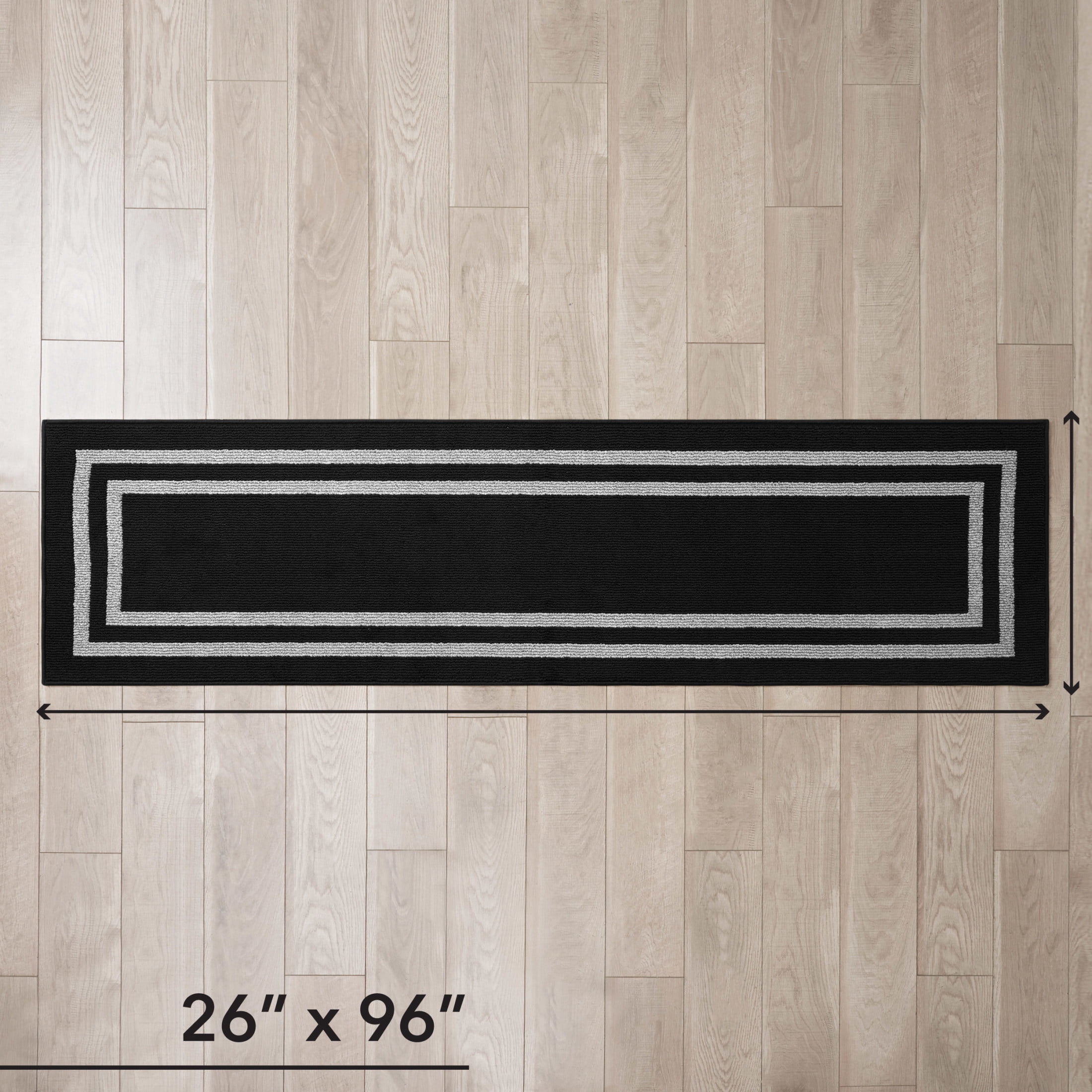 Washable Skid-Resistant Runner Rug, Border, Black and Twisted Grey, 26" x 96"