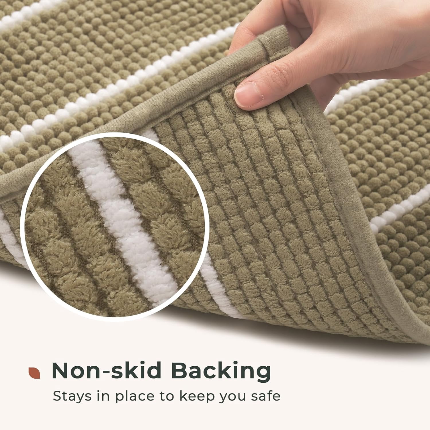 Stripe Chenille Bathroom Rugs Set 2 Piece 17"x24"+20"x32", Water Absorbent Soft Bath Mat for Bathroom, Non Slip Bath Rug Washable Quick Dry Shower Mats, Beige and White