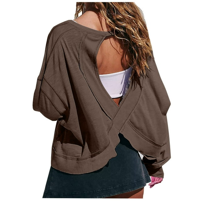 aidice Womens Tops Casual Round Neck Long Sleeve Loose Comfy Backless High Low Hem Oversize Workout Tops