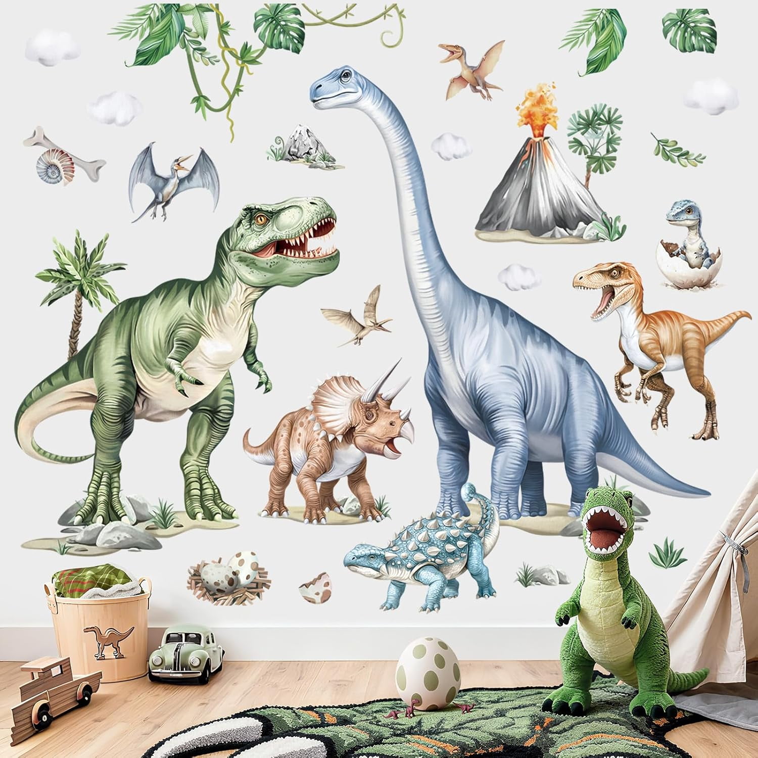 Large Dinosaur Wall Stickers Watercolor Tropical Animals Dino Plants Volcano Wall Art Decals for Boys Room Baby Nursery Kids Bedroom