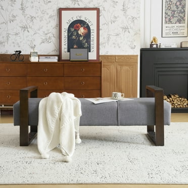 Modern Long Ottoman Bench with Linen Fabric, Solid Wood Legs, Grey Brown