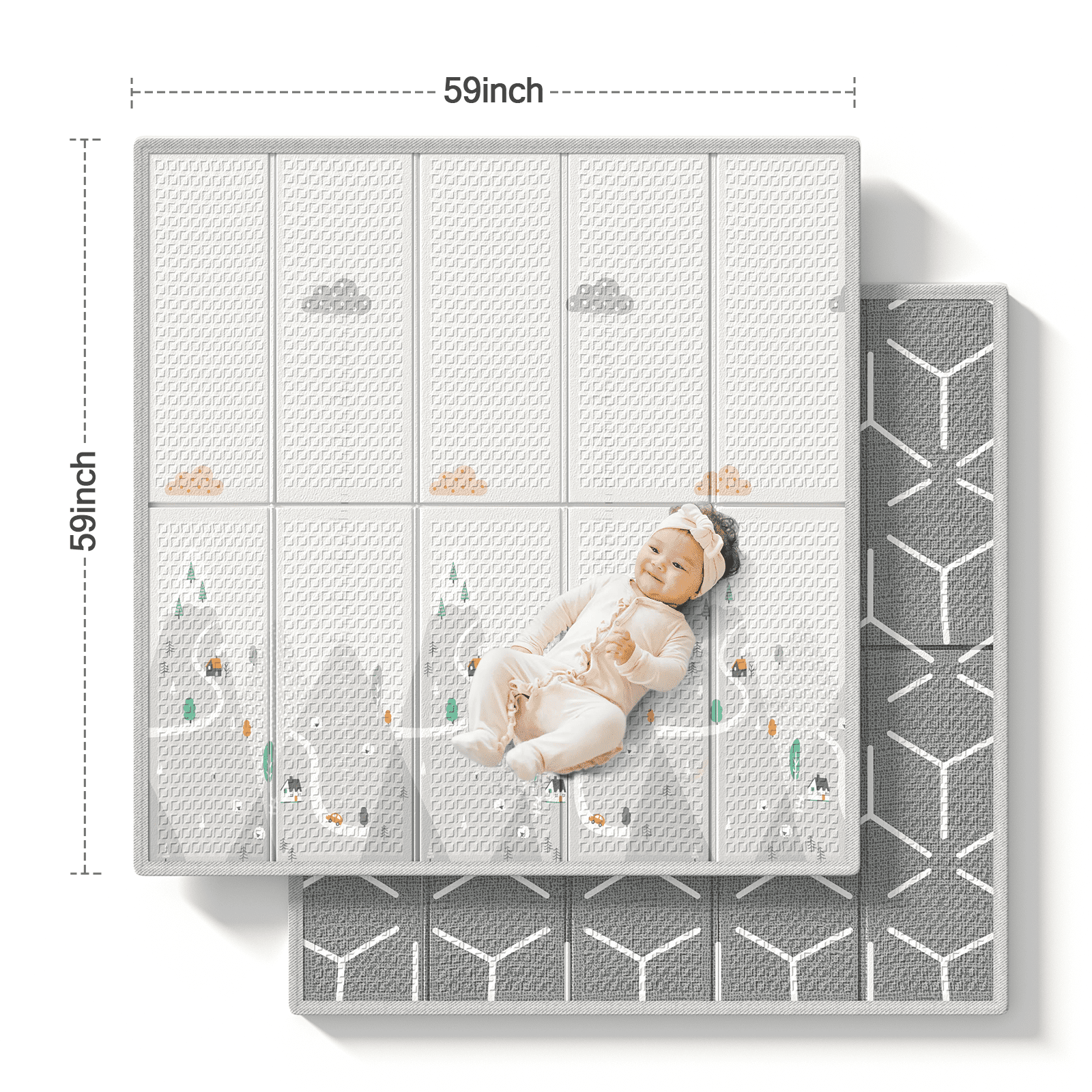 Baby Play Mat, 59"x59" Foldable & Reversable Large Baby Mat, 0.4" Thick Waterproof Foam Play Mat, Baby Activity Tummy Time Mat