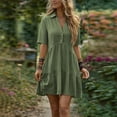 thumbnail image 2 of Ecqkame Summer Linen Dresses for Women Short Sleeve Turndown Collar Button Front Dresses Casual Loose Boho Mini Shirt Dress Green M, 2 of 9