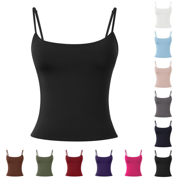 Huanglei Womens's Camisole Spaghetti Strap Round Neck Slim Fit Layering Tank Top (Black, Large)