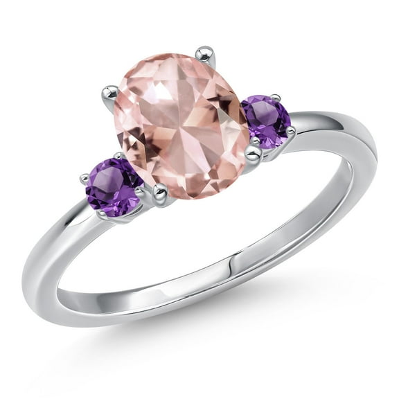 Gem Stone King 14K White Gold Peach Nano Morganite and Purple Amethyst Engagement Ring for Women | 2.20 Cttw | Oval 9X7MM | Gemstone October Birthstone | Size 6