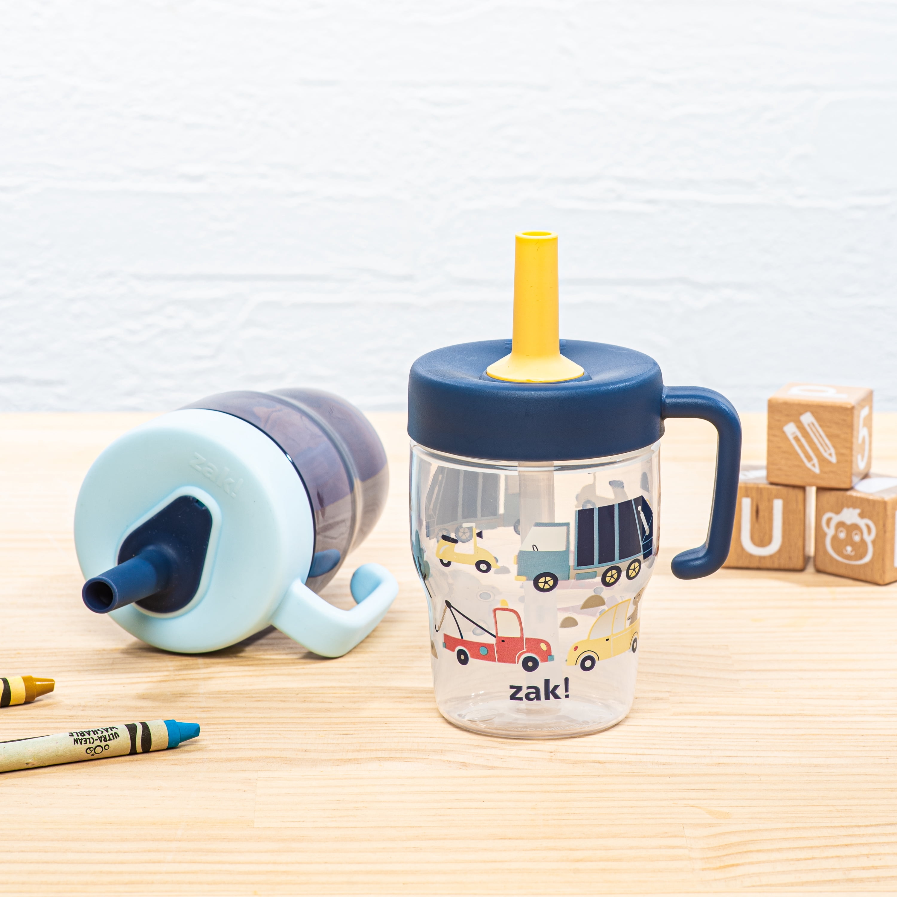 Zak Designs Capri Toddler Tumbler For Travel or At Home, 10oz 2-Pack Durable Plastic Sippy Cups With Handle and Leak-Proof Design are Perfect For Kids (Mainstreet and Lapis)