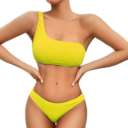 Gubotare Women s Swimsuit One-Shoulder Top & High Waist Bikini Set Yellow XL
