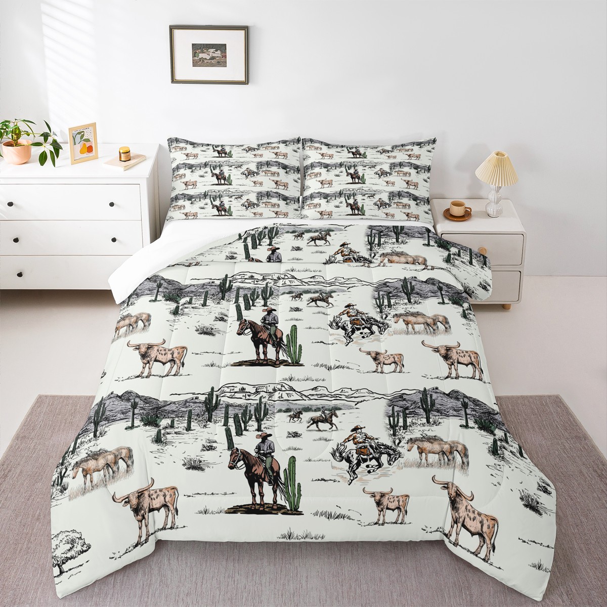 Western Cowboy Comforter Set Queen Size,Vintage Southwest Style Quilt Set Desert Cactus Cow Horse Animals Bedding Set Adult Room Decor,Grey Brown White Duvet Insert