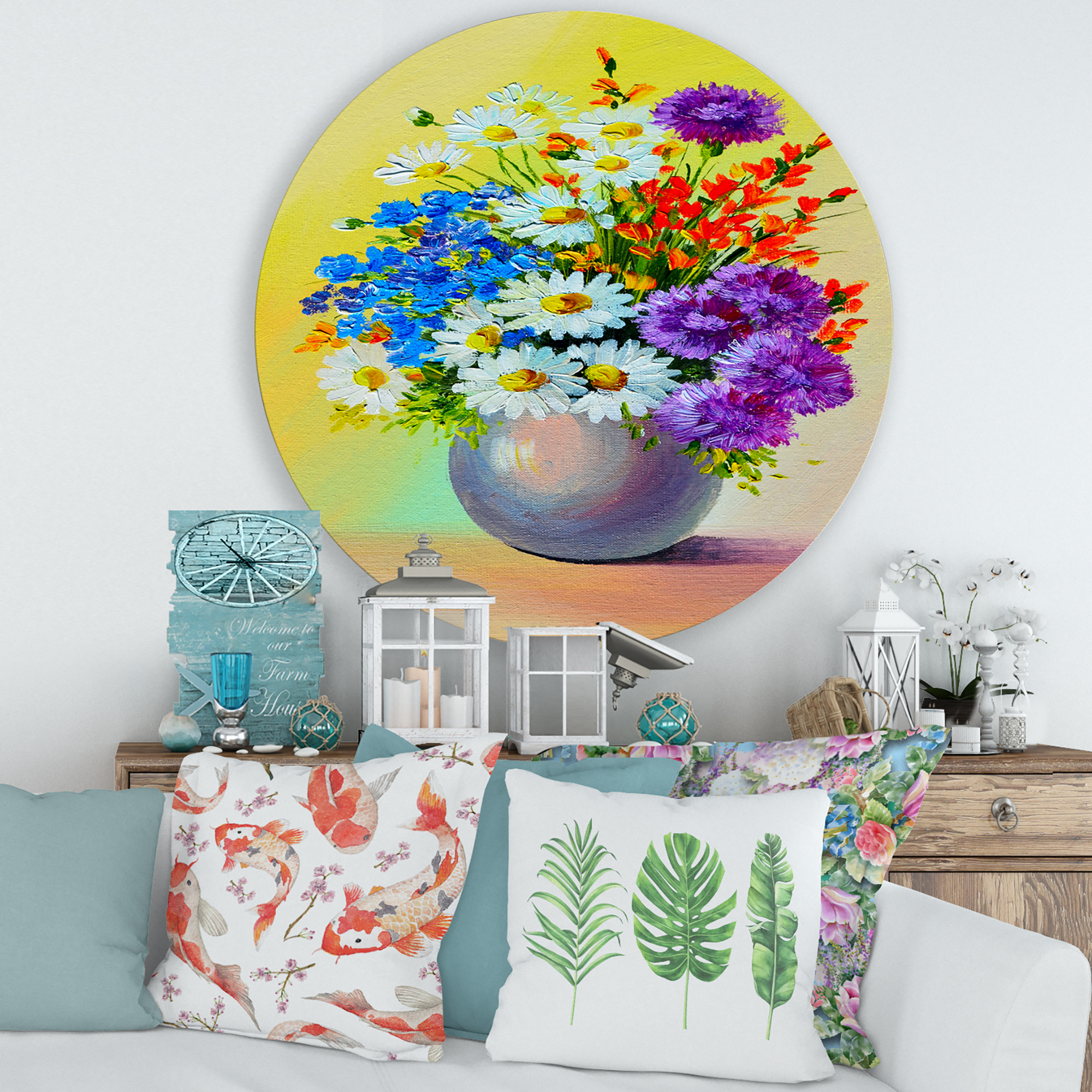 Designart 'Still Life A Bouquet Of Red Blue & White Flowers' Traditional Circle Metal Wall Art 29x29 - Disc of 29