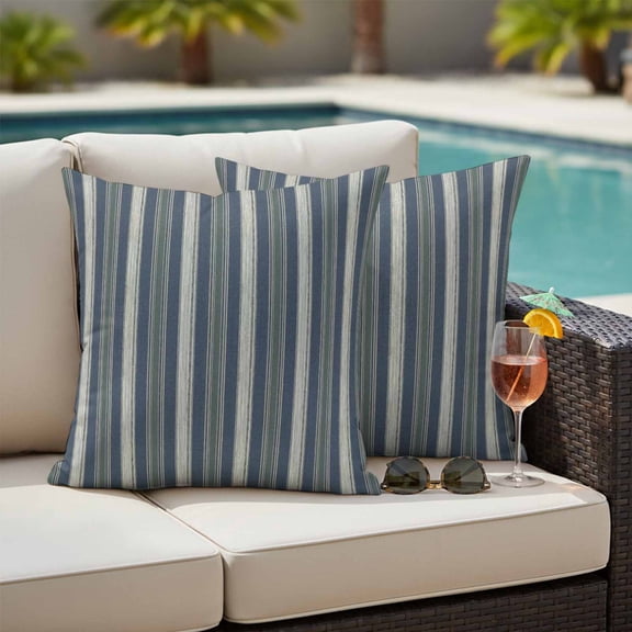 Slate Blue Stripes Outdoor Waterproof Throw Pillow Covers Set of 2, 16"x16", Modern Minimalist Dark Gray Green Lines Decorative Pillow Covers Outside Cushion Case for Patio Porch Garden