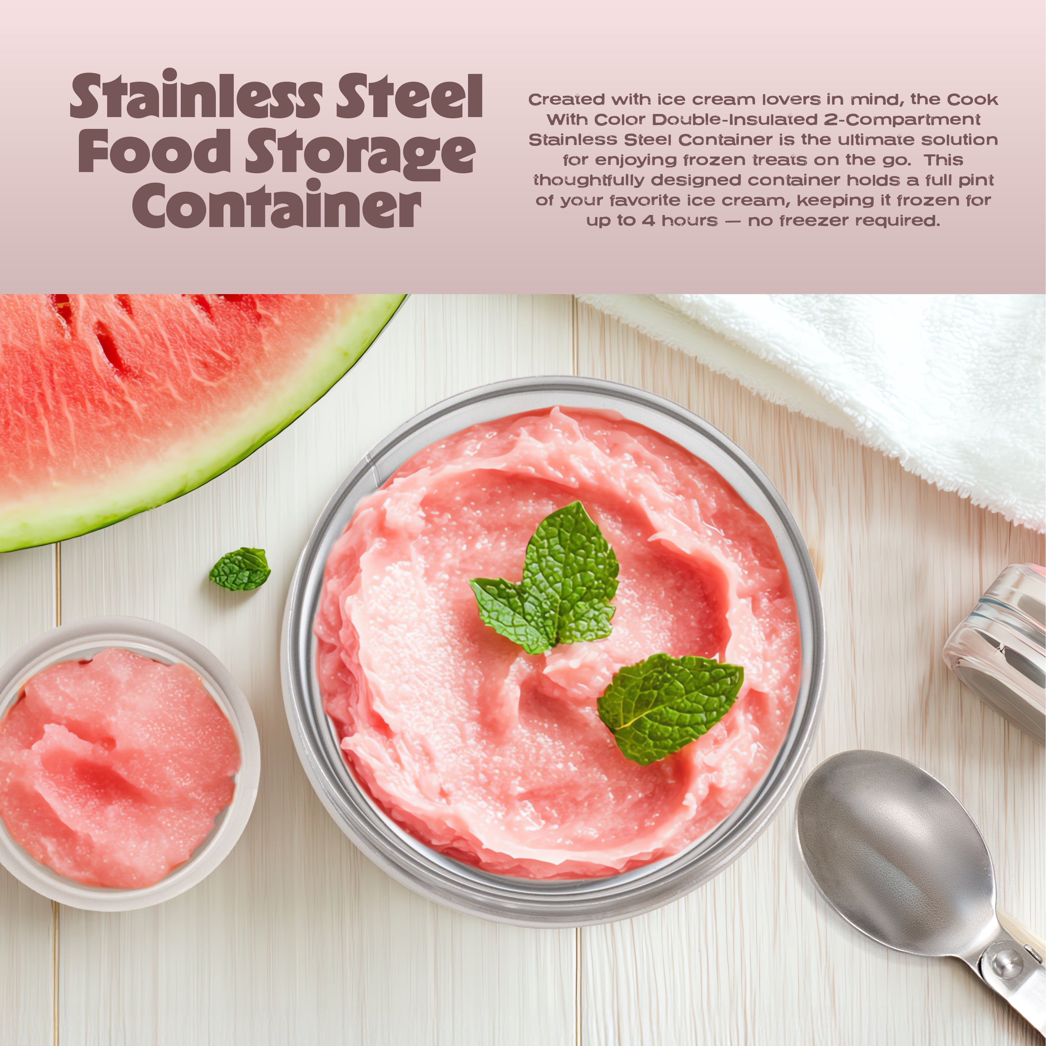 Cook with Color Insulated Ice Cream or Soup Container with Toppings Compartment and Spoon, Pink