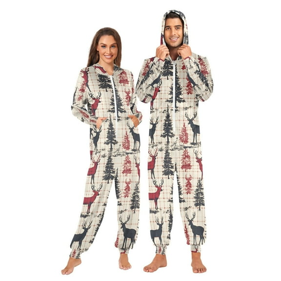 FORMRS Onesies Pajama for Adults Unisex Hoodie Winter Jumpsuit One Piece Sleepwear, Sizes S-2XL, Red Deer