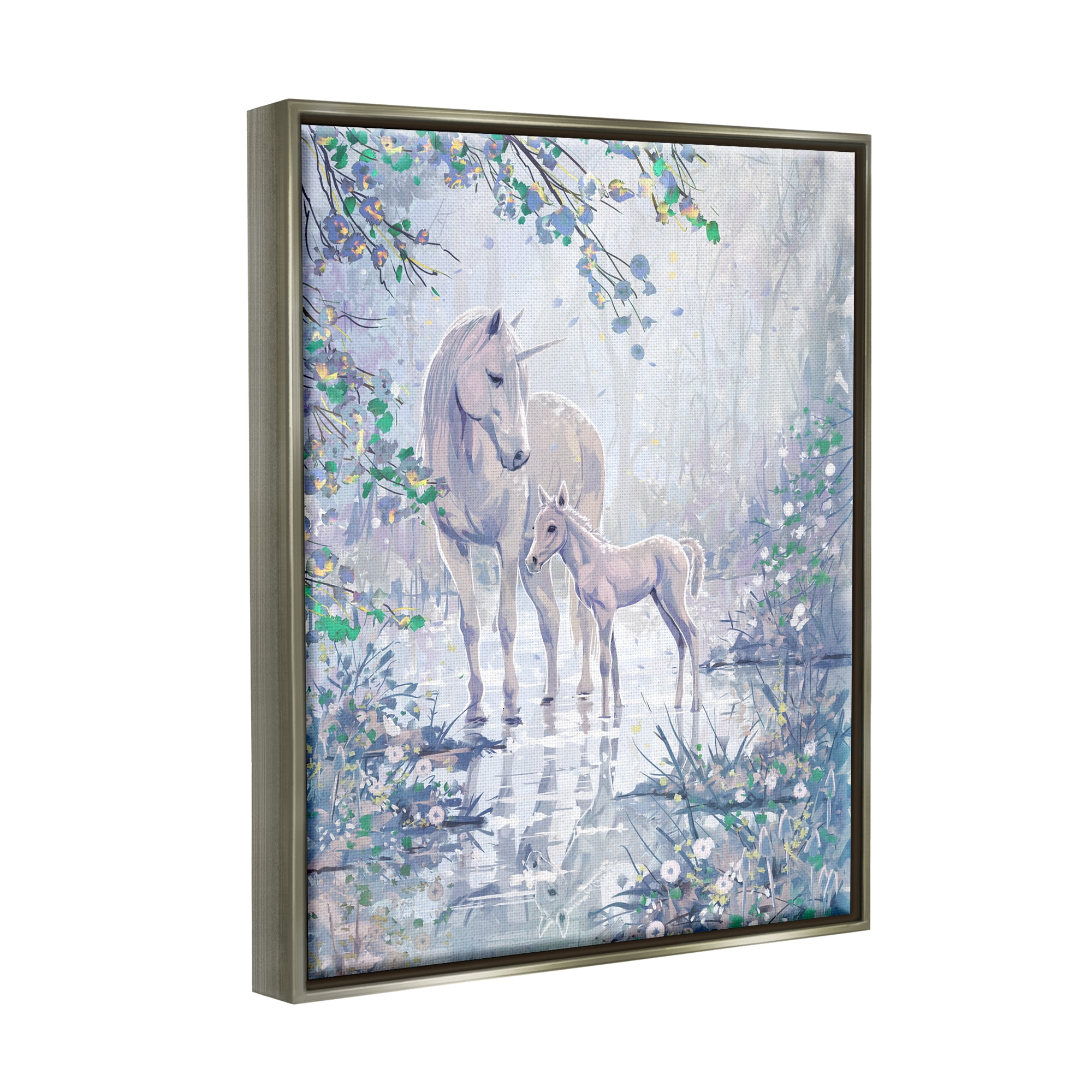 Stupell Unicorn Magical Forest Meadow Fairy Tales & Fantasy Painting Gray Floater Framed Art Print Wall Art