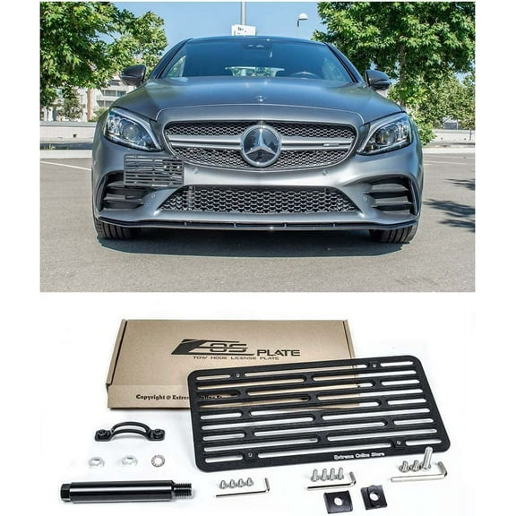 Replacement For 2019-Present Mercedes Benz C205 C-Class Coupe Convertible Models | EOS Plate Version 2 Front Bumper Tow Hook License Relocator Mount Bracket Tow-514-V2 (Full Size)