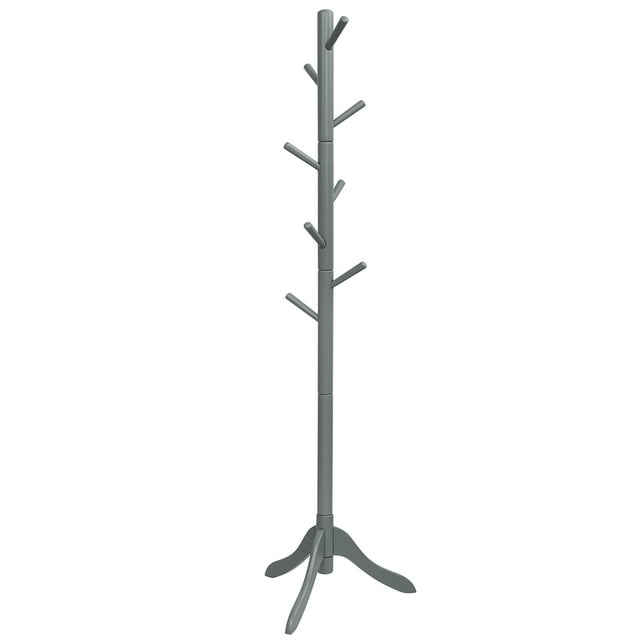 Costway Wooden Coat Rack Stand Entryway Hall Tree 2 Adjustable Height w/ 8 Hooks Grey