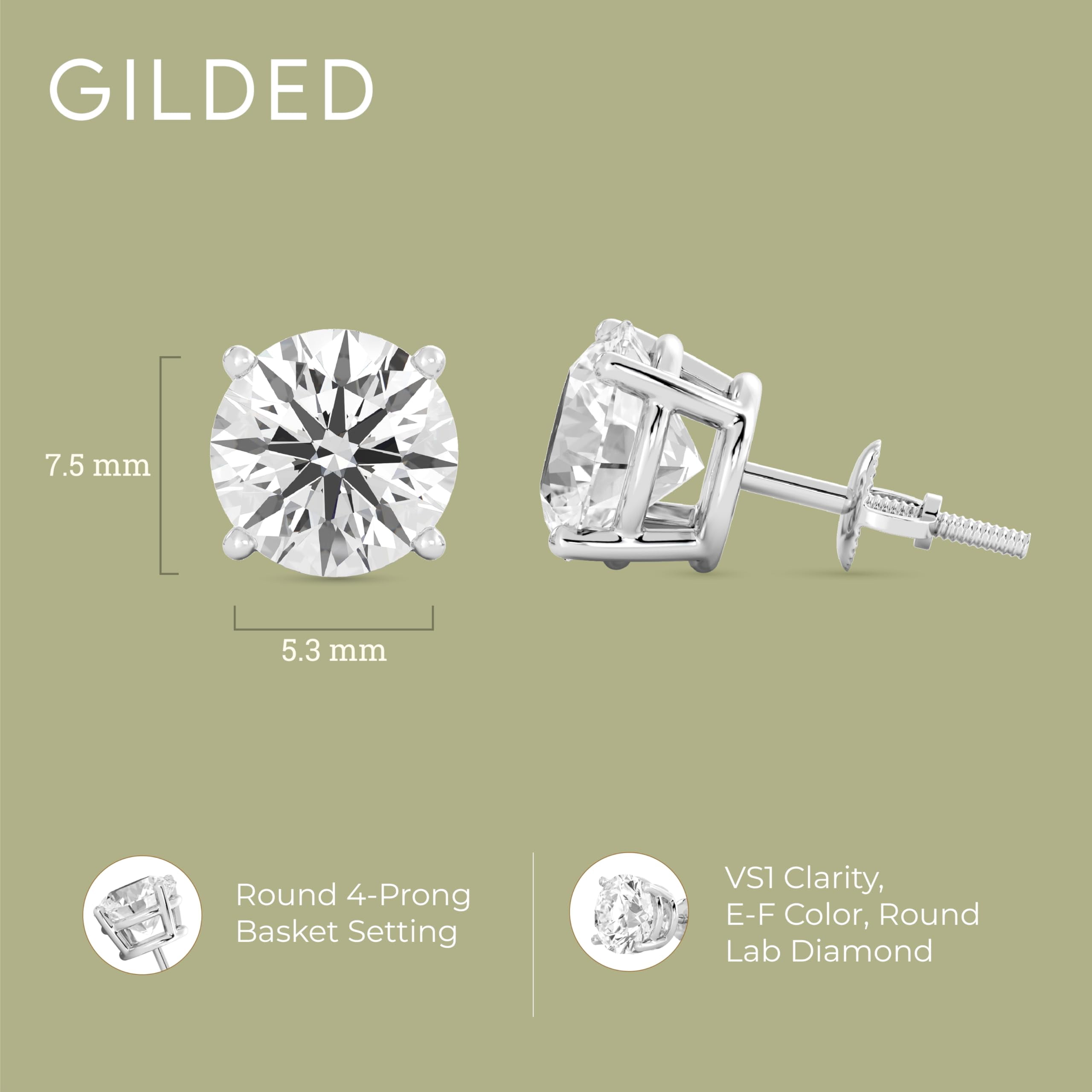 Gilded 3 Carat Total Weight IGI Certified Lab-Grown Diamond 14KT White Gold Stud Earrings for Women| Hypoallergenic Fine Gold Jewelry| 4-Prong Basket, Push Back Nut|VSI1 Clarity, E-F Color, Round Cut