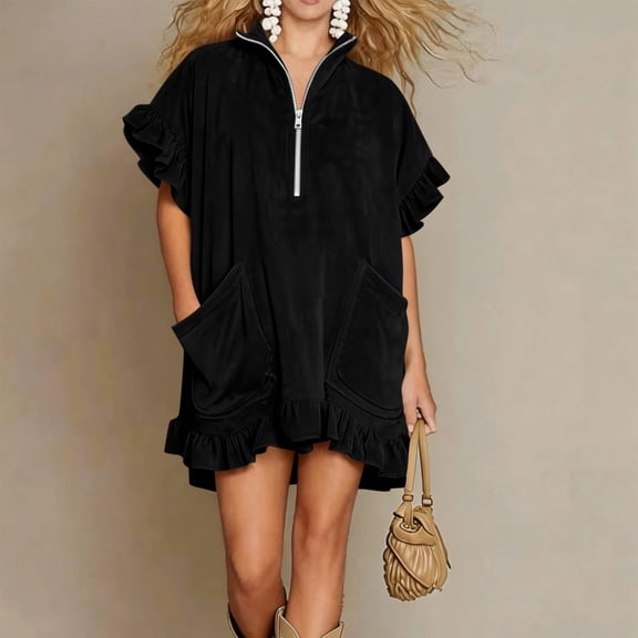 Women's Casual Short Sleeve Dress with Turndown Collar and Zipper Pocket