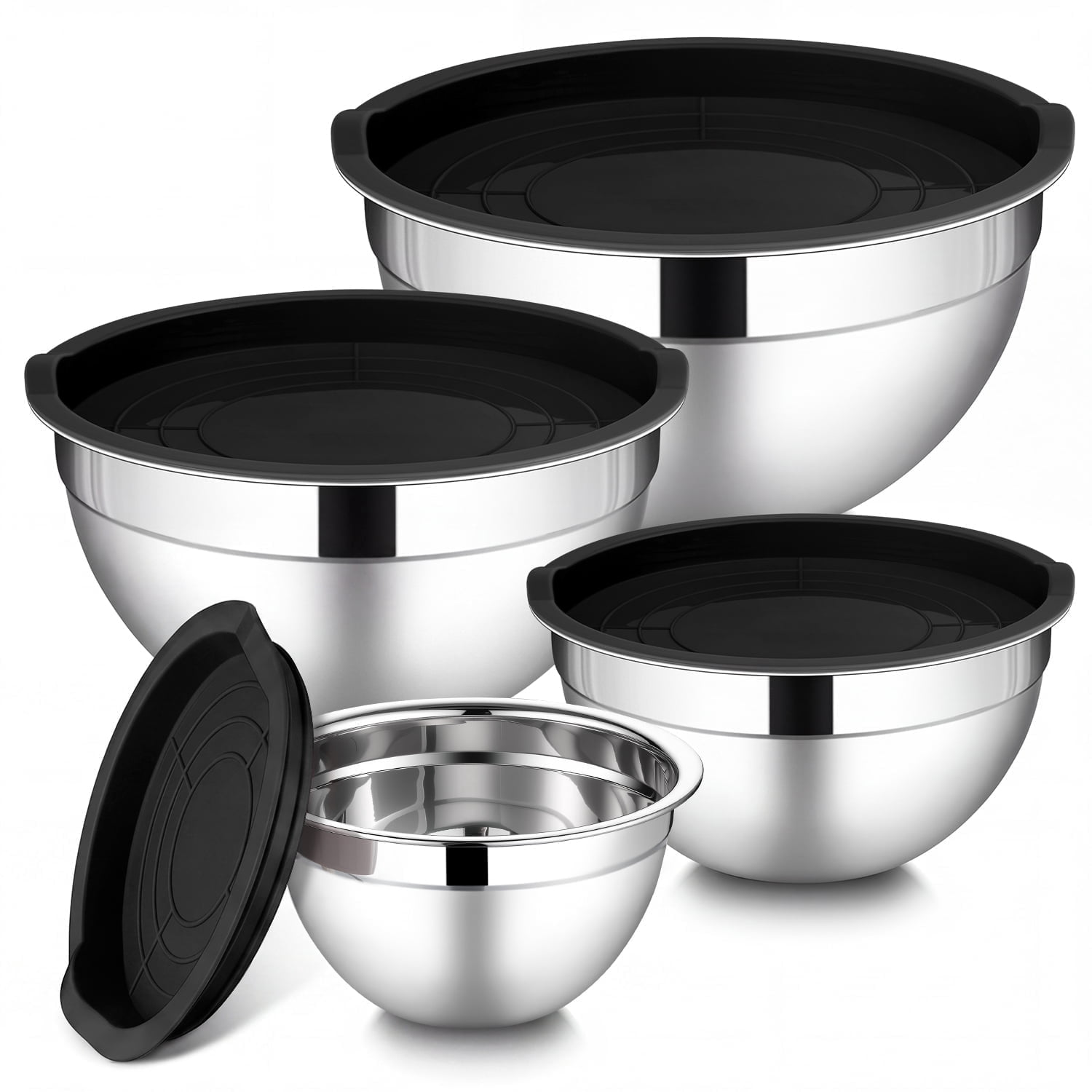 Walchoice Mixing Bowls with Lid Set of 4, Stainless Steel Nesting Metal Bowls for Kitchen Storage, Ideal for Preparing Cooking Serving Freezing, Size 0.7 & 1.2 & 2 & 2.5 QT - Black