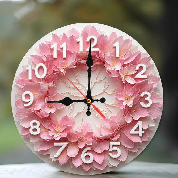 Pink Flower Decor Wall Clock Home Decor 10-Inch Silent Wooden Wall Clock, Battery Operated (AA Batteries Not Included), Artistic Home Decor