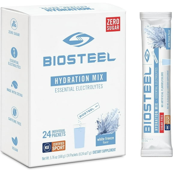 BioSteel Zero Sugar Hydration Mix, Great Tasting Hydration with 5 Essential Electrolytes, White Freeze Flavor, 24 Single Serving Packets