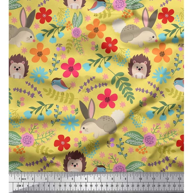 Soimoi Poly Georgette Fabric Floral,Rabbit & Porcupine Cartoon Decor Fabric Printed Yard 42 Inch Wide