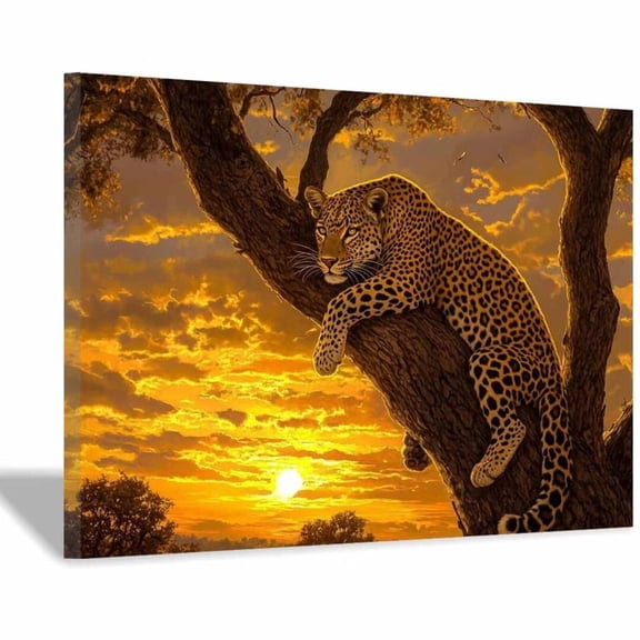 Mudket Framed Leopard on Tree in Golden Sunset Canvas Wall Art, Jungle Leopard Print Wall Decor, Trendy Animal Wall Art Ready to Hang - 12"L x 8"W
