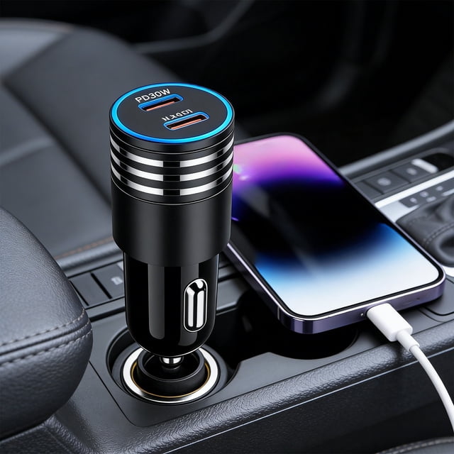 60W Fast Car Charger Two C Ports Are Compatibles With Different Devices Car Mounted Conversion Charging Connector Fast Charging Car Charger