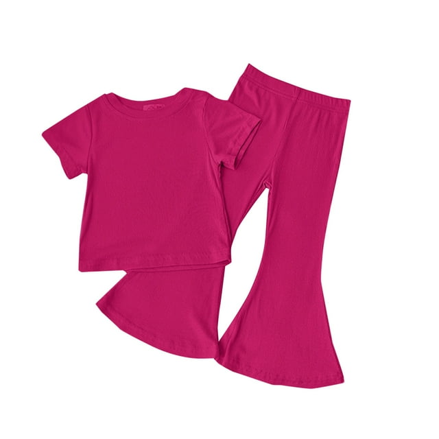 Zwiiyzr 2025 2-8 Ans Filles Couleur Unie Manches Courtes Col Rond T-Shirt Pantalon Évasé Ensemble Deux Pièces Rouge Melon D\'eau