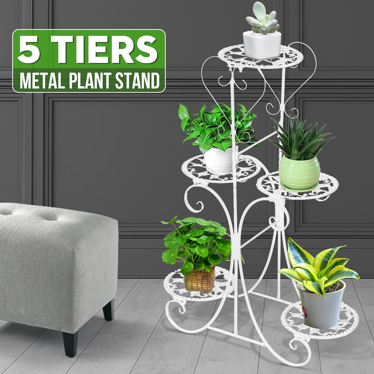 20.47Lx9.8Wx39.37H Balcony , White Suitable for Garden Multi-Layer 5 pots of Green and Flower Management Display Stand Metal Wheeled Potted Flower Stand inches Office Living Room