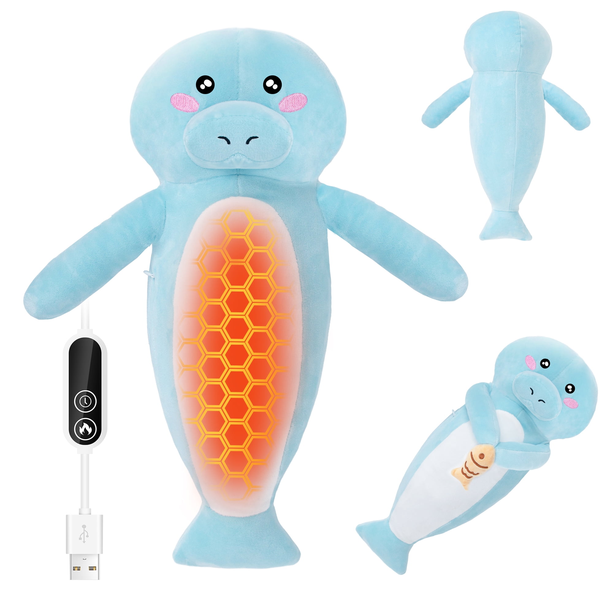 Manatee Heating Pad Plush for Period Cramps,Menstrual Pain Relief,Cute Stuffed Animal Electric Heat Plush,USB Powered Heated Toy,Portable Warm Cushion Gift for Women Teen Girls Christmas,Blue