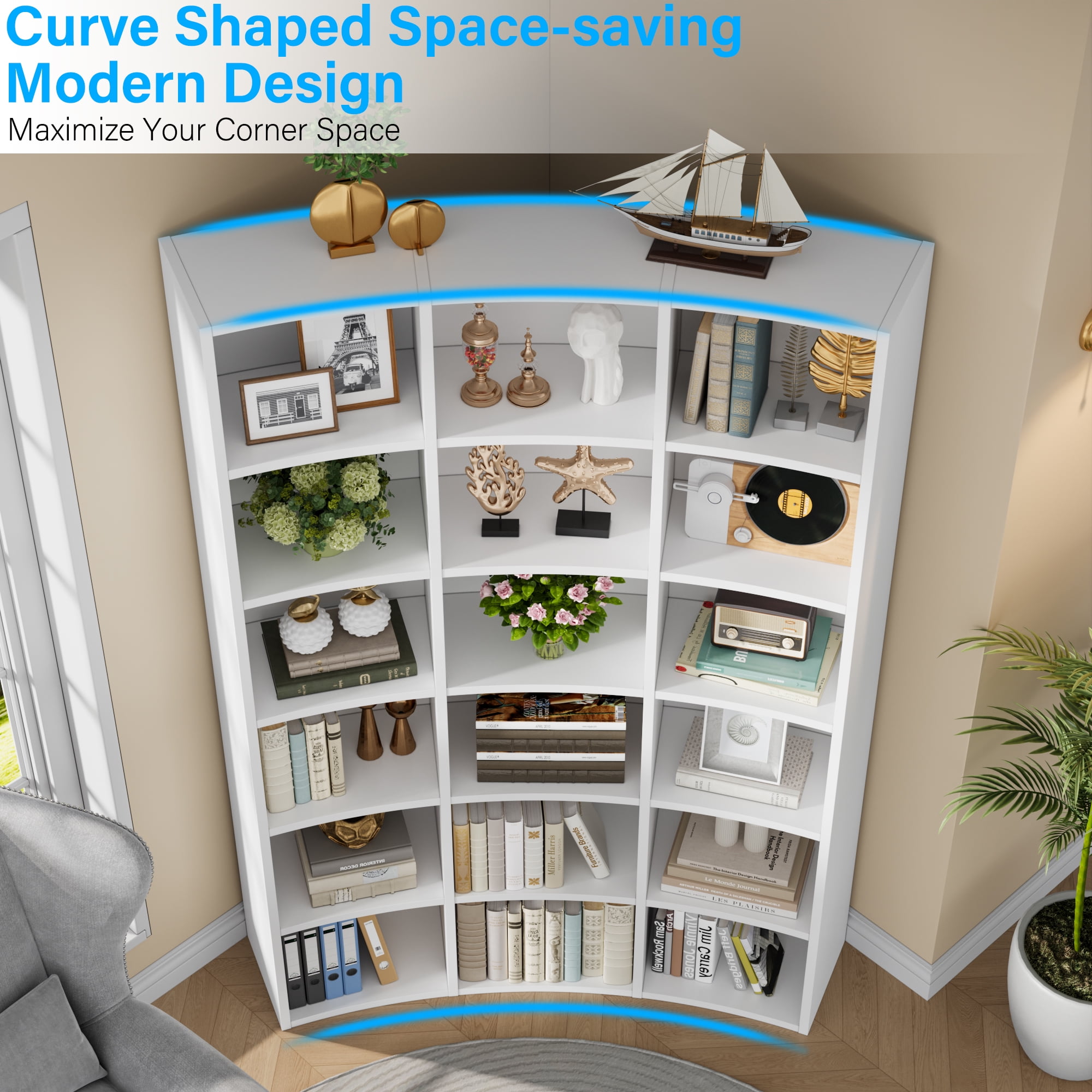 Cikuso 71" Triple Width Bookcase, 18-Cube Curved Bookshelf Corner Bookcase, Curve Shape Display Storage Shelf for Living Room, Home Office, White