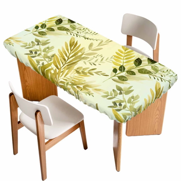 Sage Green Leaves Table Cloths for 6 Foot Rectangle Tables, Summer Botanical Farmhouse Watercolor Leaf Patio Waterproof Elastic Fitted Tablecloths, Washable Rectangular Table Cover for Camping