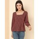 thumbnail image 4 of Blusa Allegra K de Cintura con Cinturón Y Estampado floral para mujer cuello cuadrado rojo M, 4 of 6