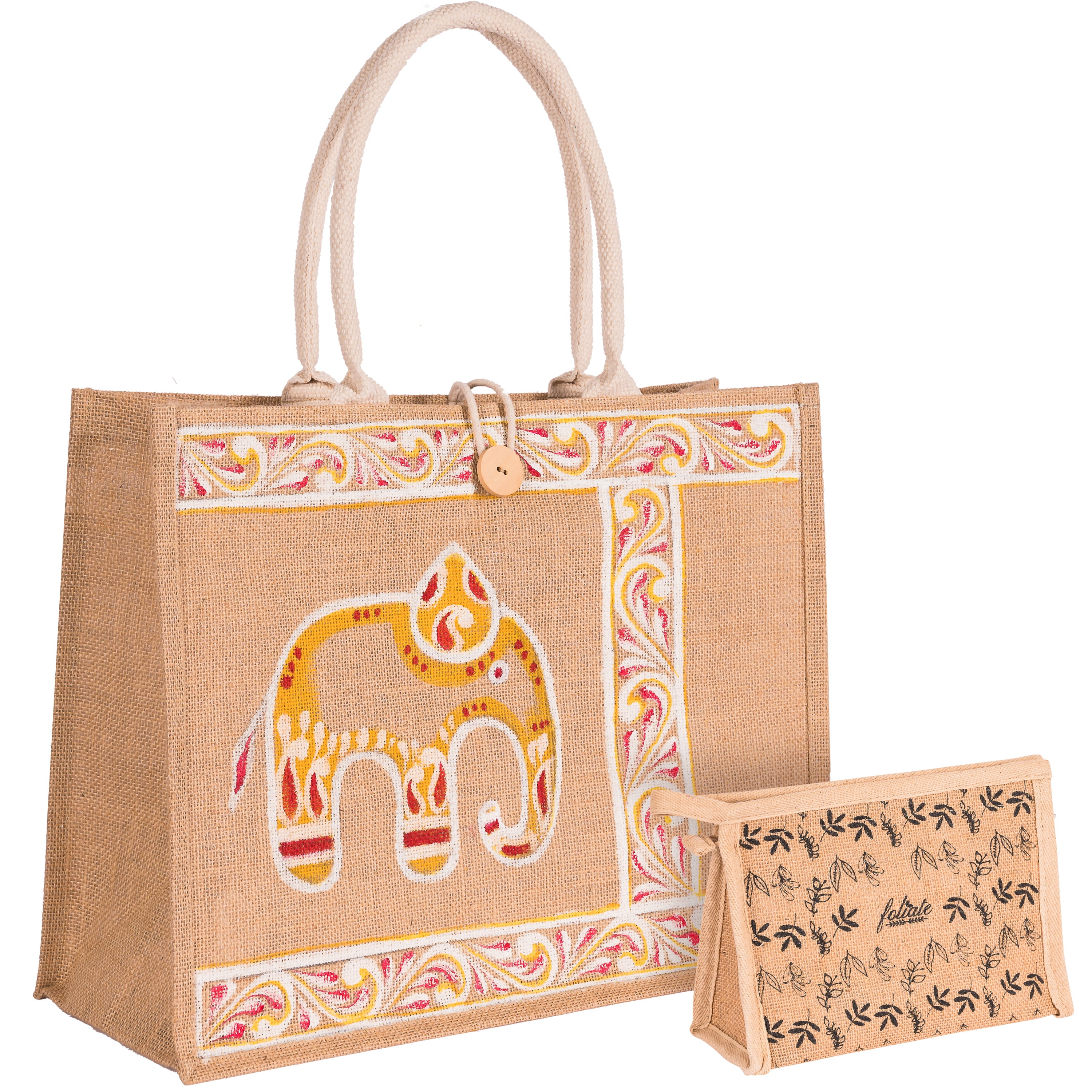 FOLIATE Jute Tote Handbag with Zipper Pouch (Large, The Elephant)