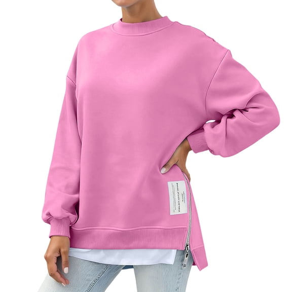 VNKIDY Women Casual Solid Color Zippered Side Sweatshirt Soft Comfortable Long Sleeve Pullover For Everyday Wear Outdoor Activities With A Modern Fit Design O-Neck Versatile Streetwear