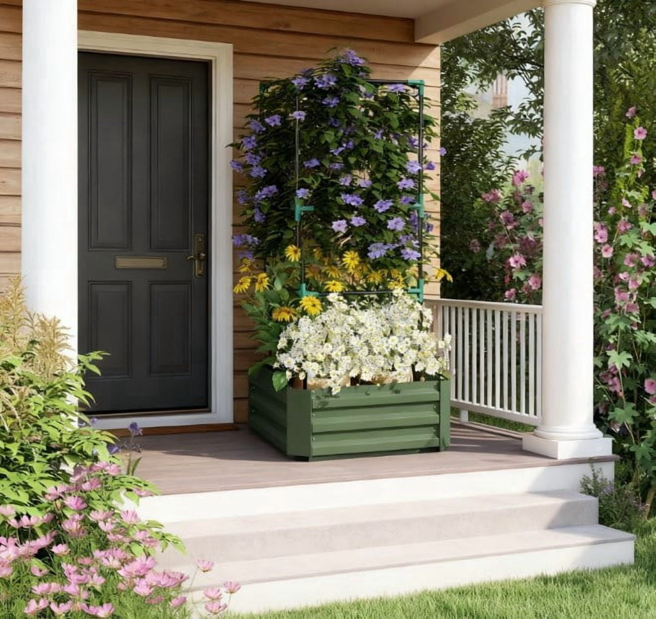 Garden Bed, Galvanized Planter Box, Raised Garden Bed with Cage for Climbing Vines