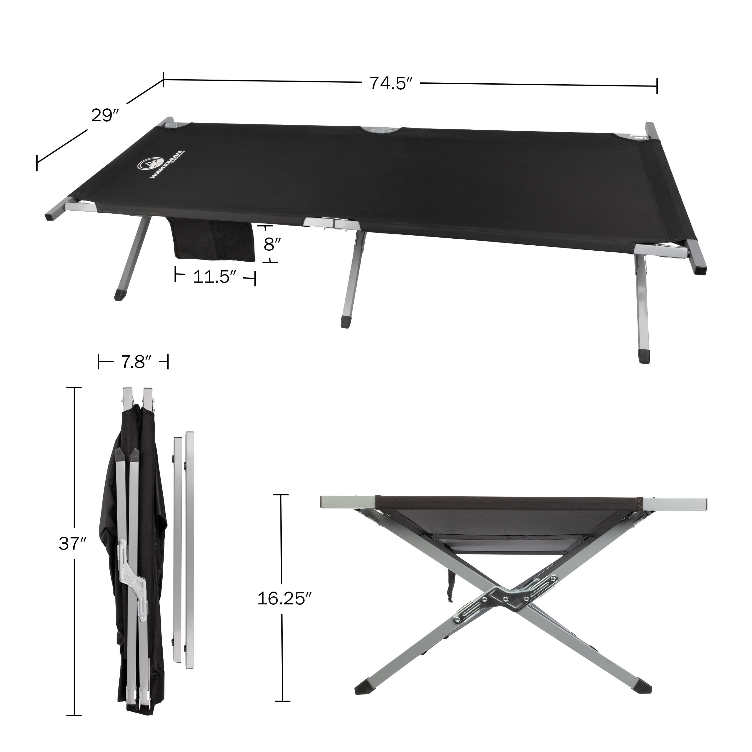 Wakeman Outdoors Camping Cot - Folding Camp Bed with Storage Pocket, Black