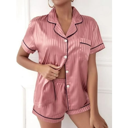 

Pajama Set Women s Striped Silky Satin Pajamas Short Sleeve Top with Shorts Sleepwear PJ Set Underwear