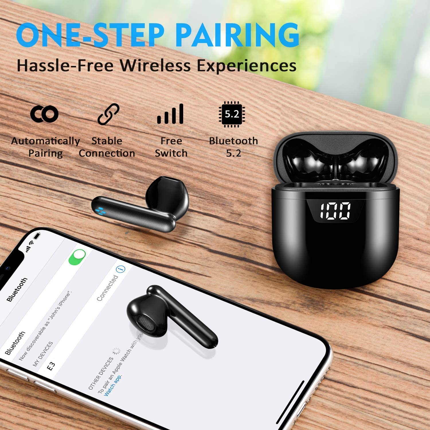 Bluetooth Headphones,Wireless Bluetooth 5.2 Earphones with Noise Reduction,Sport Earphones IPX7 Waterproof Pop-ups Auto Pairing Fast Charging for Apple/AirPods Pro/Android/iPhone(Black) - image 6 of 8
