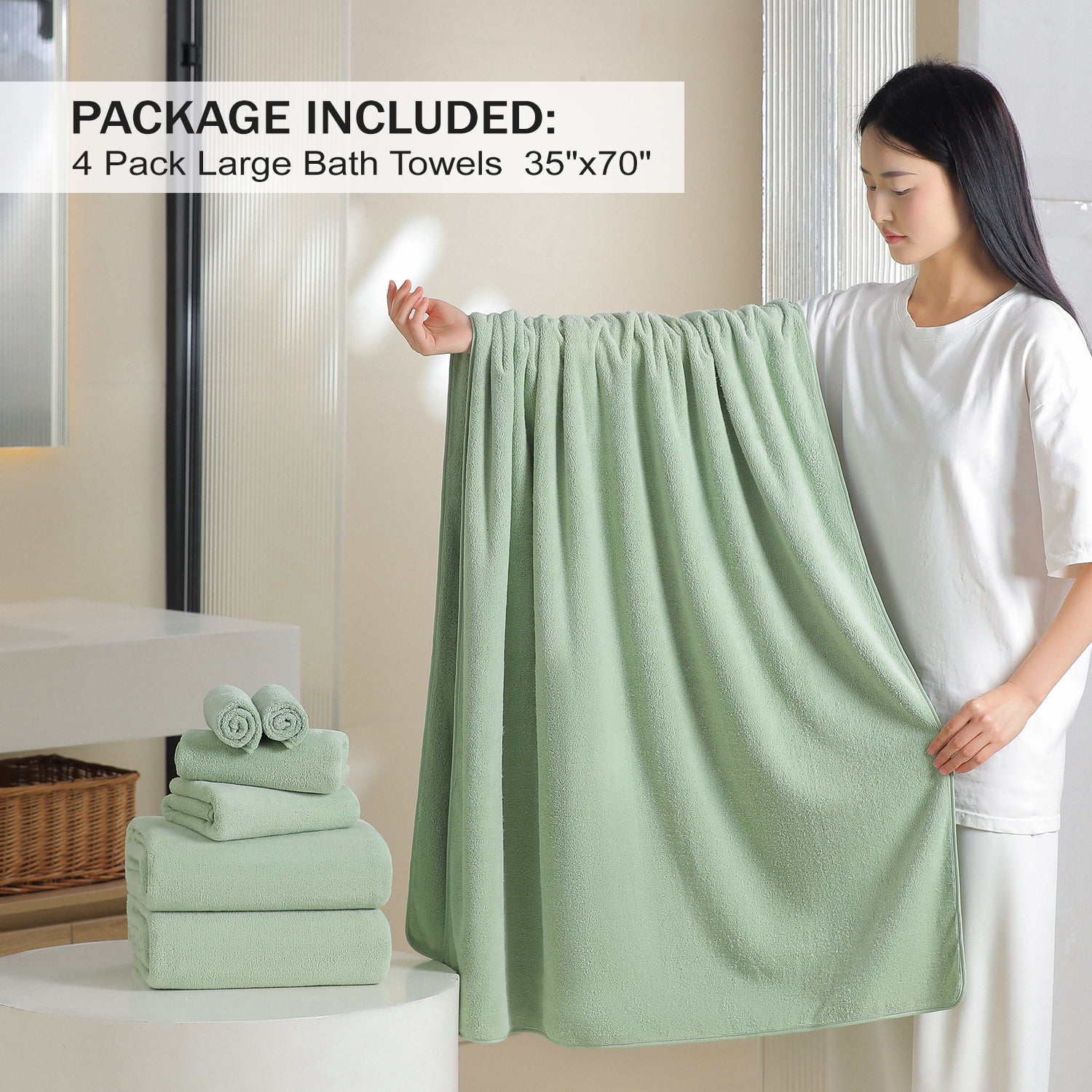 Green Essen 4 Pack Oversized Bath Towel Sets 700 GSM Soft Large Shower Towels 35 x 70 Inches Quick Dry Bath Sheets Highly Absorbent Bath Towel Clearance for Bathroom Spa Hotel Gym(Green)