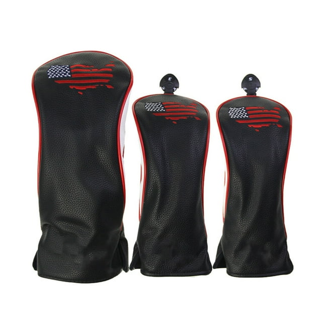 facefd 3 Pieces Golf Club Head Cover Leather Waterproof Practice Protector Replacement Removable Reusable Headcover Case Sleeve Black