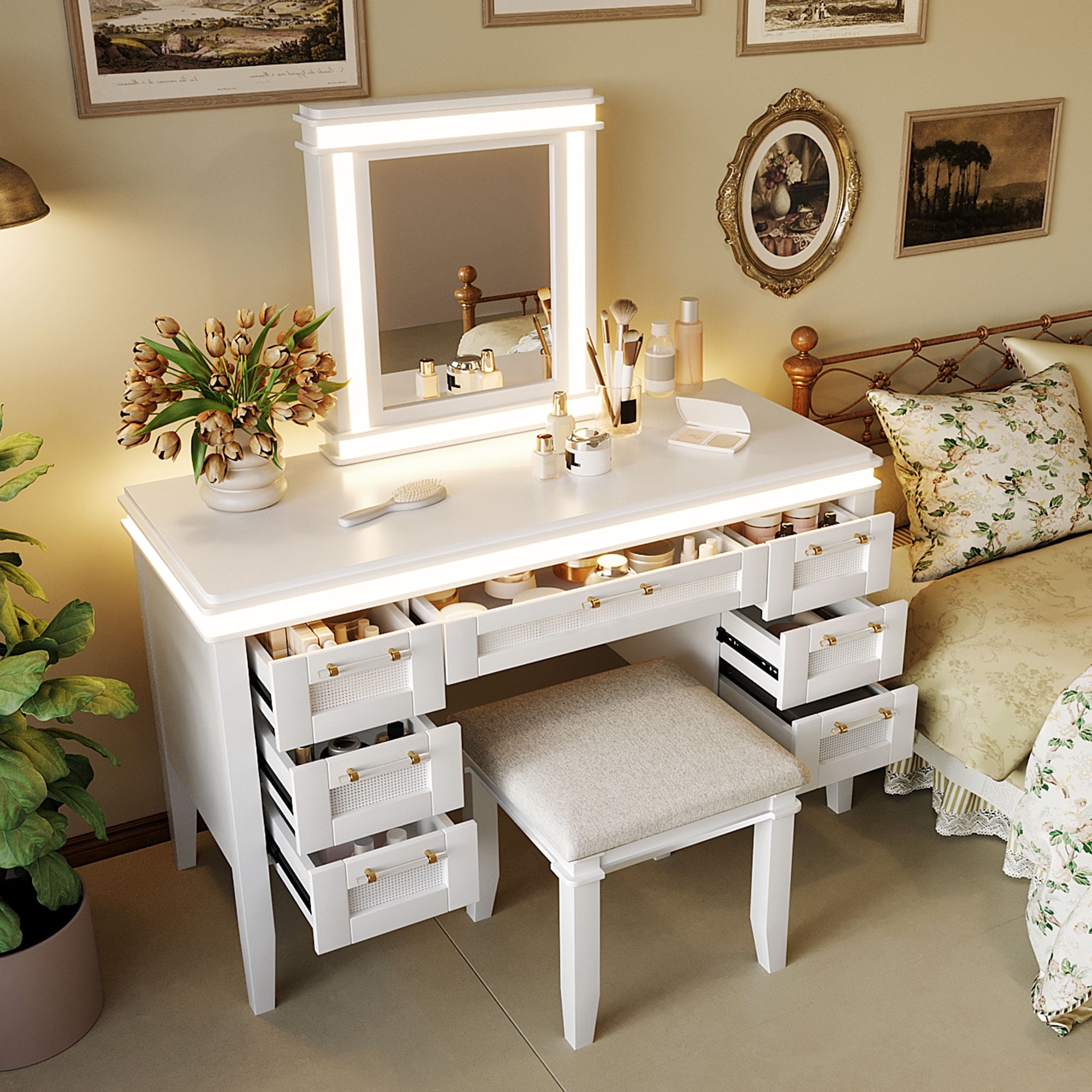 Mintazer Vanity Set with Mirror & Lights, Dressing Table with 7 Drawers and Stool, Makeup Vanity Desk with Hollow Design Drawer for Bedroom, White
