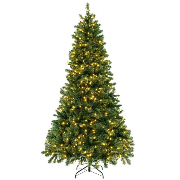 Gymax 7 FT Pre-Lit Artificial Christmas Tree Hinged Xmas Tree w/1188 Branch Tips & 700 Warm-White LED Lights