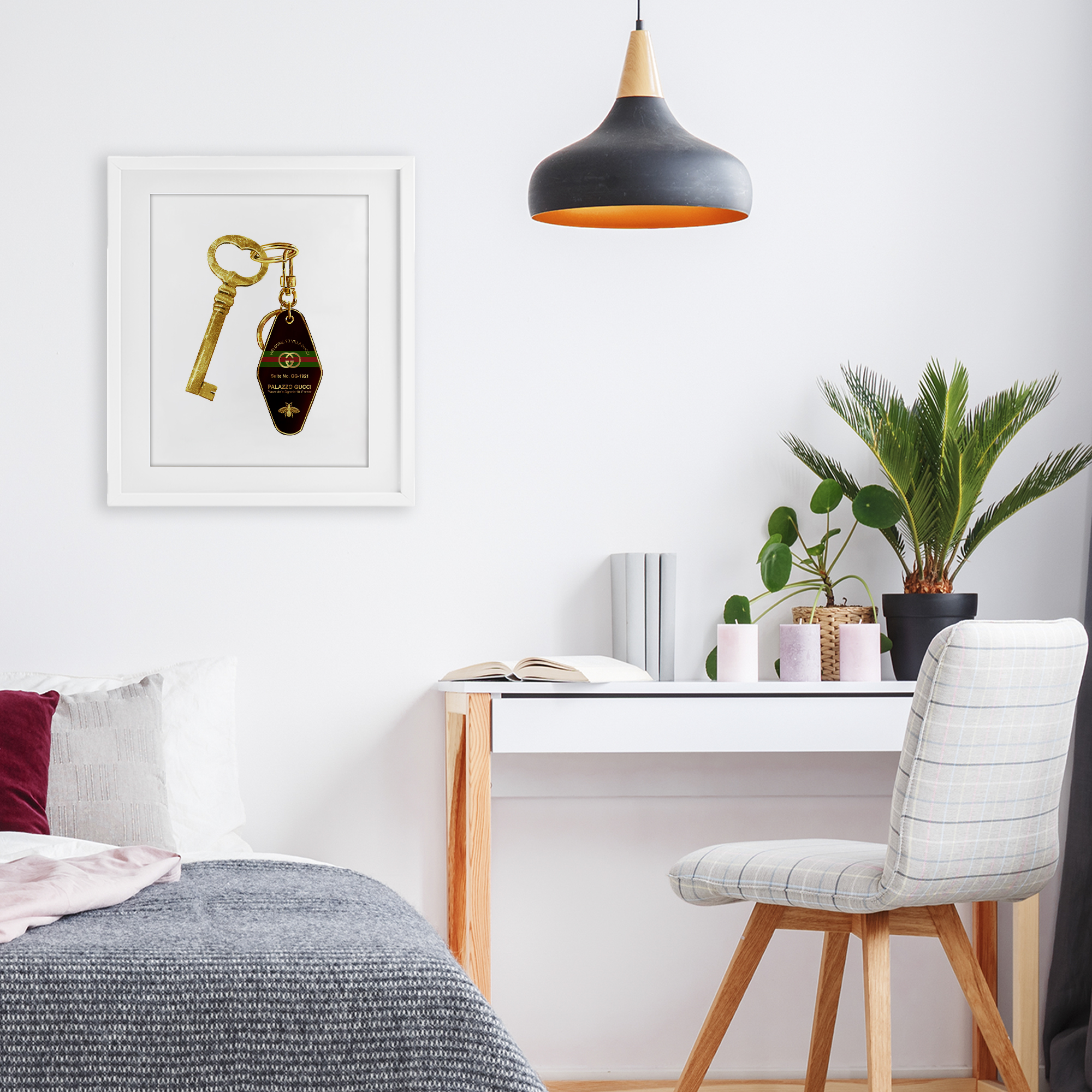 Luxury Hotel Key White Framed Print Under Glass, design by Ziwei Li