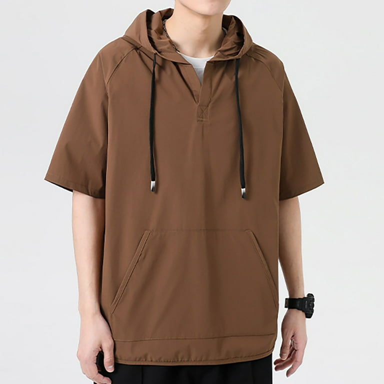 APEXFWDT Men s Hooded Shirt Tops Short Sleeve Casual Loose Hoodie Lightweight Kangaroo Pocket Tshirt For Men Gym Hoodies
