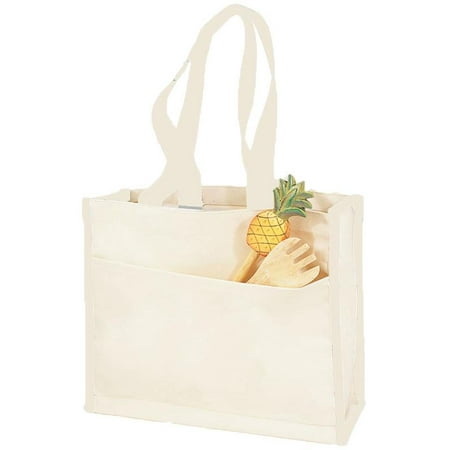 14" Cotton Canvas Colored Trim Shopping Tote Bag w/Large Front Pocket Pool Beach Travel Tote Bag