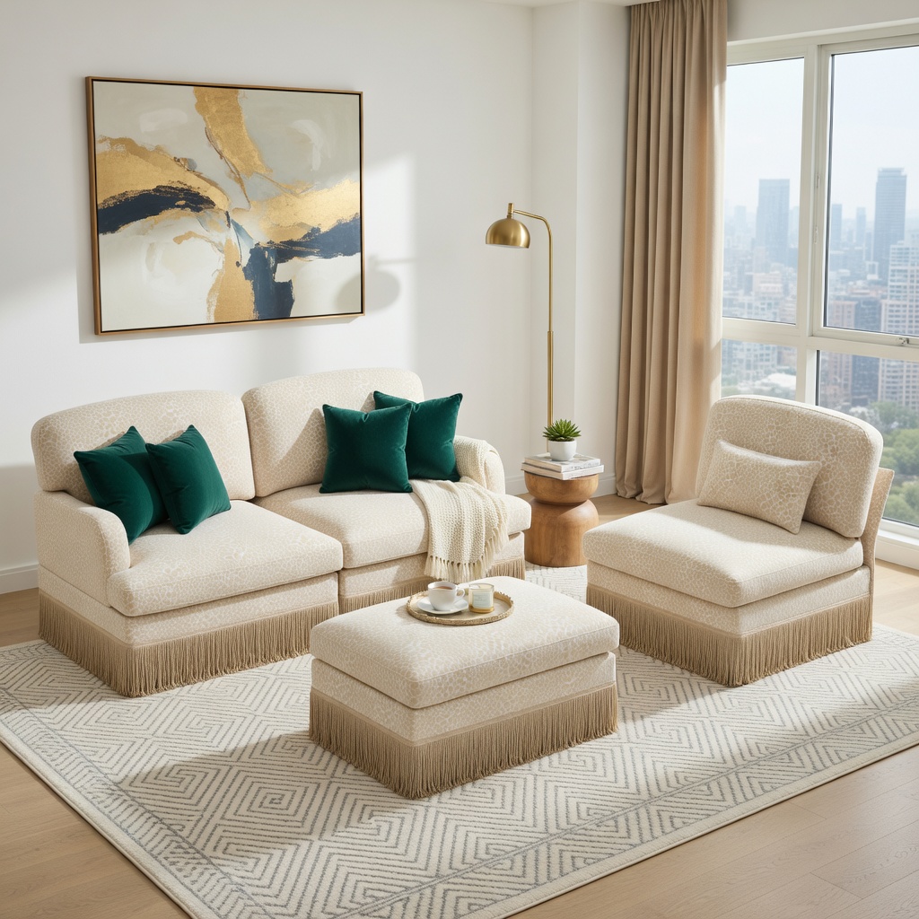 Hommoo 100" Leopard Print Chenille L-Shaped Sofa Set with Movable Ottoman, Tassel Trim & Ergonomic Deep Seat, Modern Living Room Sectional, Beige