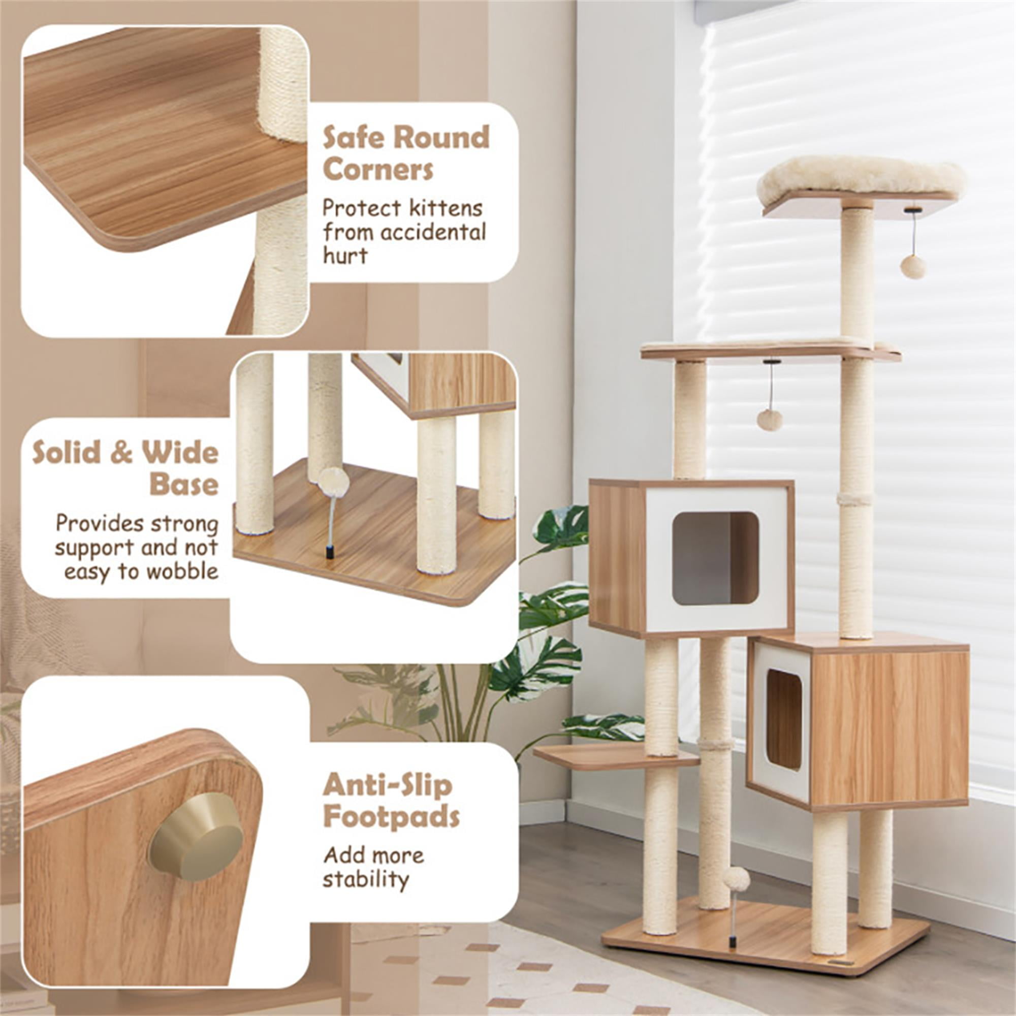 Kadyn 64" Large Wooden Cat Tree Tower with Double Condos, Large Perch and Totally Wrapped Sisal Posts, Modern Cat Tree House, Beige