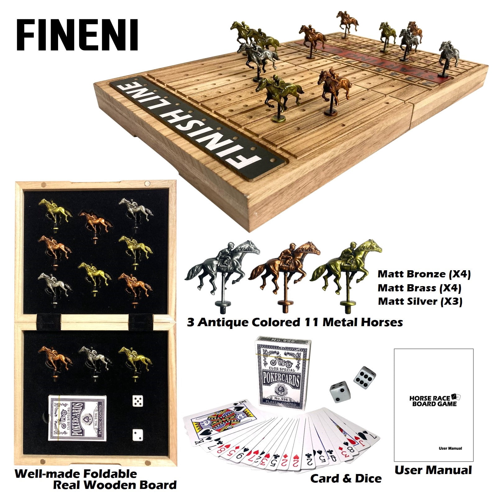 FINENI Horse Racing Game for Adults, Horse Race Board Game with 11 Antique Matt Metal Horses(Bronze, Brass, Silver), 19” Foldable Wood Horse Race Game Board, Dice & Card Included